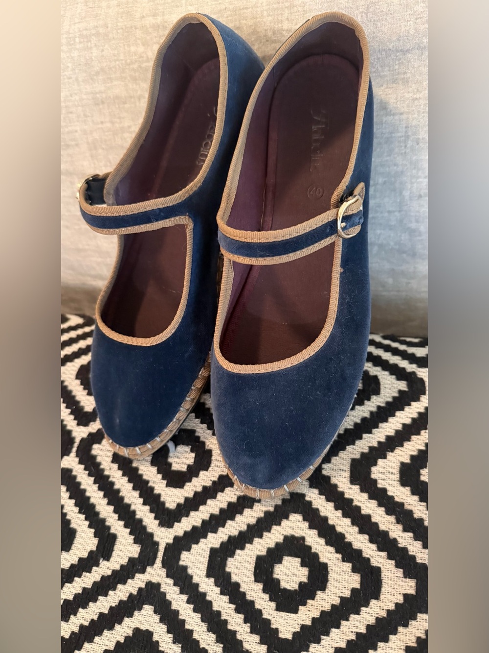 Flabelus Blue Mary Jane Flats with Tan Trim